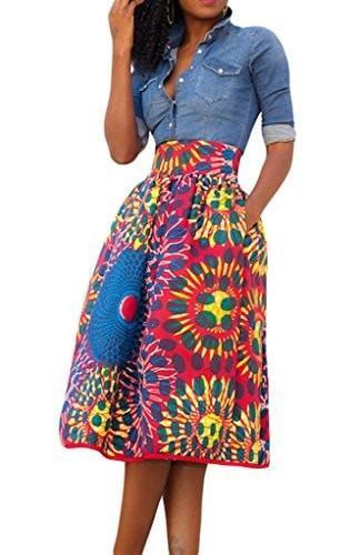 Annflat Women's African Print Knee Length Flare Skirts With Pockets