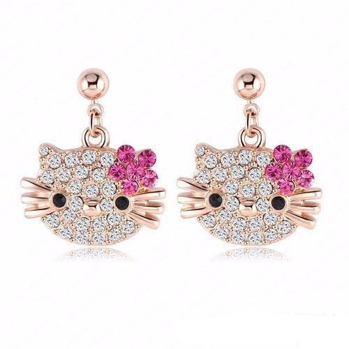 Lovely Cat Flower Stud Earrings - Rose Gold Color Austrian Crystal Kitten Earrings